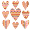 Vector tribal hearts set, aztec vintage folklore background pa