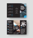 Vector trifold template with blue, gray round design elements on black background, creative brochure with realistic shadows for