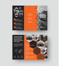 Vector trifold template presentation with hexagons, orange design elements on black background