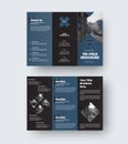 Vector trifold template, triple catalog with geometric design, cross, blue elements on black background