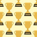 Vector trophy champion cup seamless pattern winner gold award prize sport success best win golden illustration.