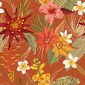 Vector tropic floral Seamless autumn pattern. Elegant dry palm leaves, boho watercolor tropical flowers Royalty Free Stock Photo