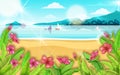 Vector tropical beach landscape, summer ocean vacation resort background, exotic paradise flowers.