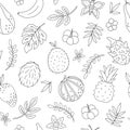 Vector tropical black and white seamless pattern with fruit, flowers and leaves. Jungle foliage and florals digital paper. Hand Royalty Free Stock Photo