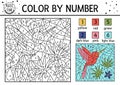 Vector tropical color by number activity with paradise bird, palm tree leaves and flower. Summer coloring and counting game with