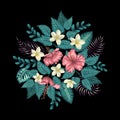 Vector tropical composition of pink hibiscus, white plumeria, monstera and palm leaves isolated on black background Royalty Free Stock Photo