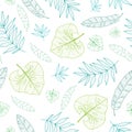 Vector tropical drawing summer hawaiian seamless pattern with tropical green plants and leaves on navy blue background