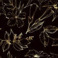 Vector Tropical flowers and leaves isolated. Black and white engraved ink art. Seamless background pattern. Royalty Free Stock Photo