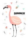 Vector tropical illustration of a flamingo with strawberry, pineapple, watermelon, hearts, stars. Summer hand-drawn exotic poster Royalty Free Stock Photo
