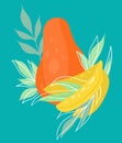 Vector tropical illustration of papaya and banana with foliage on a turquoise background. Flat hand drawn image with fruits and Royalty Free Stock Photo