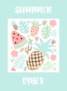Vector tropical illustration of watermelon, strawberry, pineapple, leaves, monstera, cactus