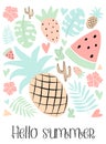 Vector tropical illustration of watermelon, strawberry, pineapple, leaves, monstera, cactus, hearts, flowers. Poster for kids,