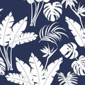 Vector tropical jungle seamless pattern with palm trees leaves and flowers Royalty Free Stock Photo