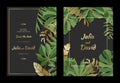 Vector Tropical leaves. Gold and green engraved ink art. Wedding background card floral decorative border. Royalty Free Stock Photo