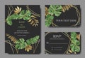 Vector Tropical leaves. Gold and green engraved ink art. Wedding background card floral decorative border. Royalty Free Stock Photo