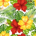 Vector tropical pattern with hibiscus flowers and tropical leaves. Floral background design for cosmetics, spa and textile Royalty Free Stock Photo