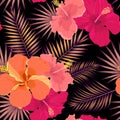 Vector tropical pattern with hibiscus flowers and tropical leaves. Floral background design for cosmetics, spa and textile Royalty Free Stock Photo