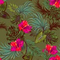 Vector tropical pattern with palms and hibiscus flower. Royalty Free Stock Photo