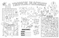 Vector tropical placemat for kids. Exotic summer printable activity mat with crossword, dot-to-dot, maze, color by number. Black