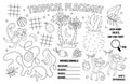 Vector tropical placemat for kids. Exotic summer printable activity mat with difference searching, dot-to-dot, maze. Black and