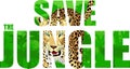 Vector tropical rainforest illustration with leopard or jaguar Save the jungle