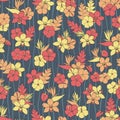 Vector tropical repeat pattern with orchid, hibiscus and bird of paradise flowers