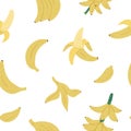 Vector tropical seamless pattern with banana fruit, bunch and twig. Jungle foliage digital paper. Hand drawn flat exotic Royalty Free Stock Photo