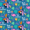 Vector tropical seamless pattern with pink flamingo, toucan, tropic leaves. Exotic background.