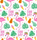 Vector tropical seamless pattern with pink flamingo, tropic leaves.