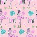 Vector tropical seamless pattern with pink flamingo, tropic leaves.