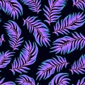 Vector tropical summer dark neon luminous seamless pattern. Bright electric colors y2k style. Dreamy summertime palm leaves
