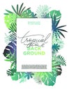 Vector tropical vertical banner with texts. Floral background with various palm leaves. Jungle summer template for Royalty Free Stock Photo