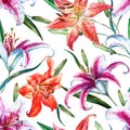 Vector tropical watercolor lilly pattern Royalty Free Stock Photo