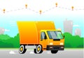 Vector truck delivers an order very fast. High speed, dust from under the wheels. Above the truck delivery route with delivery