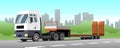 Vector truck; tractor, low loader trawl for transportation of road equipment, tractors, graders, scrapers, bulldozers. Against the