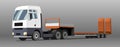 Vector truck; tractor, low loader trawl for transportation of road equipment, tractors, graders, scrapers, bulldozers. Isolated on