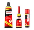 Vector tubes of glue - adhesive stick, super and moment paste for repair, fixing, instant gluing. Promotion illustration
