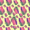 Vector, tulips seamless pattern, in violet, soft pink, green, olive, plain cream background