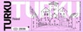 Vector Turku, Finland, Europe postcard. Medieval Turku castle retro drawing. Travel sketch on pink background. Modern hand drawn