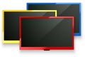 Vector TV led screen isolated background. Red, yellow, blue color modern stylish lcd panel. Computer monitor display mockup set. Royalty Free Stock Photo