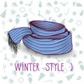 Vector twisted blue knitted scarf. White and turquoise seamless pattern background