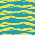 Vector twisted yarn effect striped seamless pattern background. Horizontal stripe yellow color strands on aqua blue