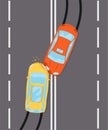 Vector of two car accident top view of vehicle collision. Road accident. Damaged transport. City drive disaster. Road