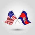 Vector crossed american cambodian flags on silver sticks - symbol of united states of america and cambodia