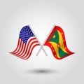 Vector crossed american and grenadian flags on silver sticks - symbol of united states of america and grenada