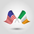Vector two american and irish flags on silver sticks - symbol of united states of america and ireland