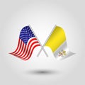 Vector crossed american and vatican flags on silver sticks - symbol of united states of america and italian city state Royalty Free Stock Photo