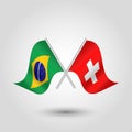 Vector two crossed brazilian swiss flags on silver sticks - symbol of brazilia and switzerland