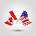 Vector two crossed canadian and american flags on silver sticks Royalty Free Stock Photo
