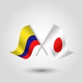 Vector two crossed colombian japanese flags on silver sticks - symbol of colombia and japan